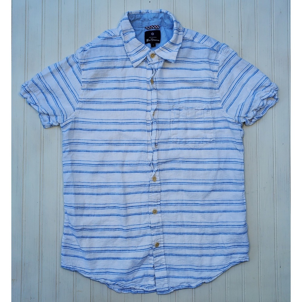 Ben Sherman Mens Small Blue White Striped Linen Blend Short‎ Sleeve Button Down